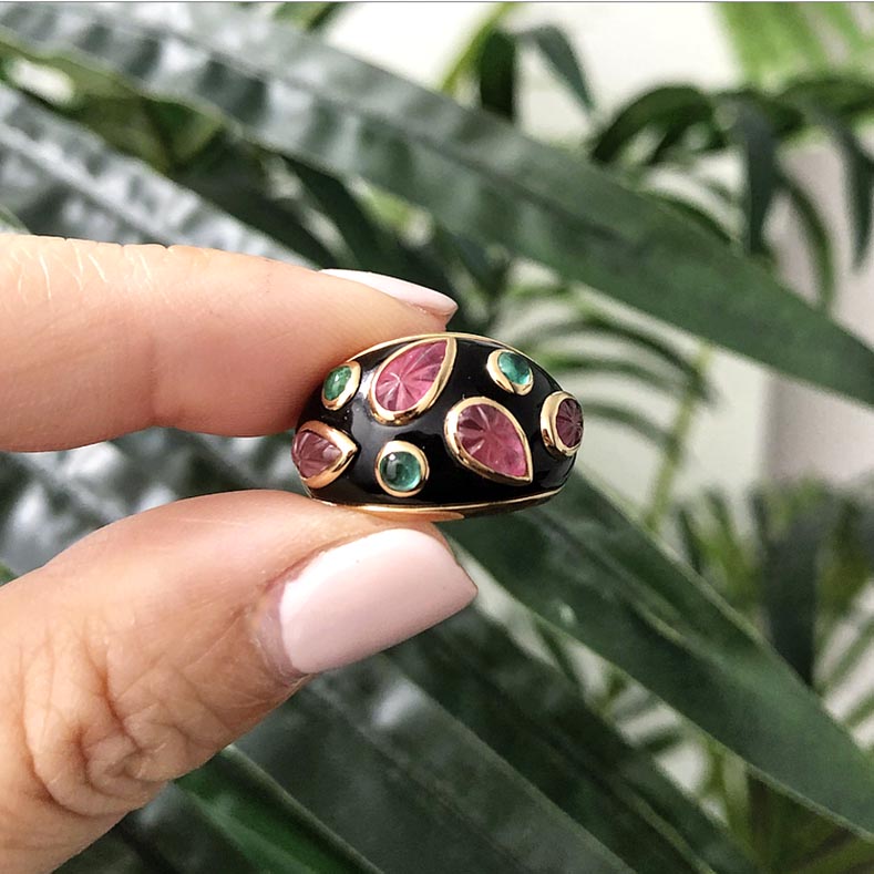 Cartier Vintage 1991 18k gold Tourmaline Emerald Enamel Ring - 49 / 4.75