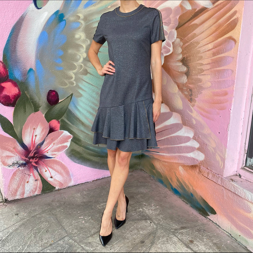 Brunello Cucinelli Grey Shimmer Monili Short Sleeve Dress - S