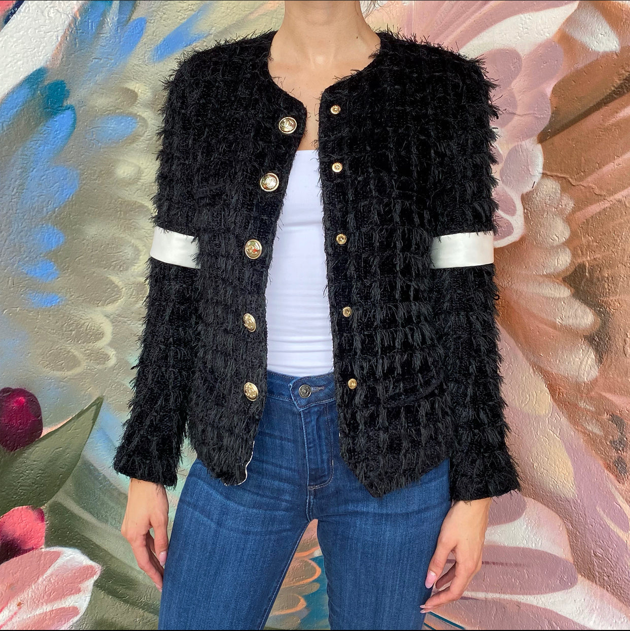 Chanel 20K Black Eyelash Tweed Jacket with White Satin Detail - FR38