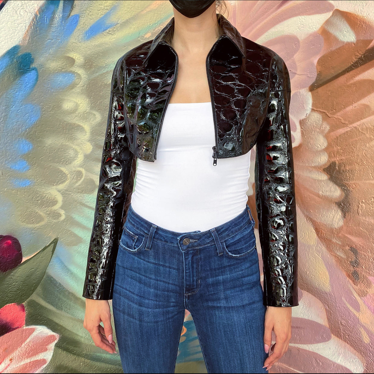 Alaia Black Patent Leather Croc Embossed Crop Bolero Jacket - S / FR38