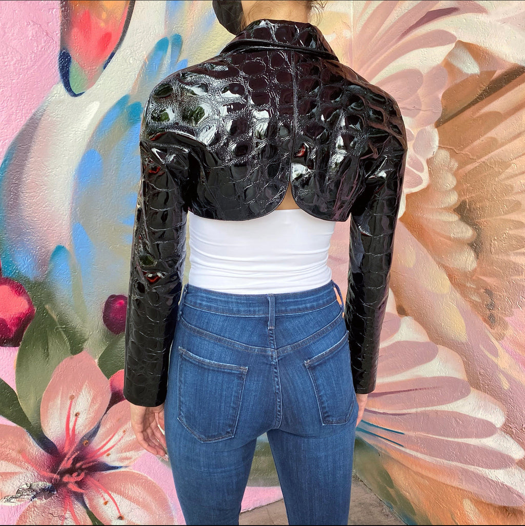 Alaia Black Patent Leather Croc Embossed Crop Bolero Jacket - S / FR38