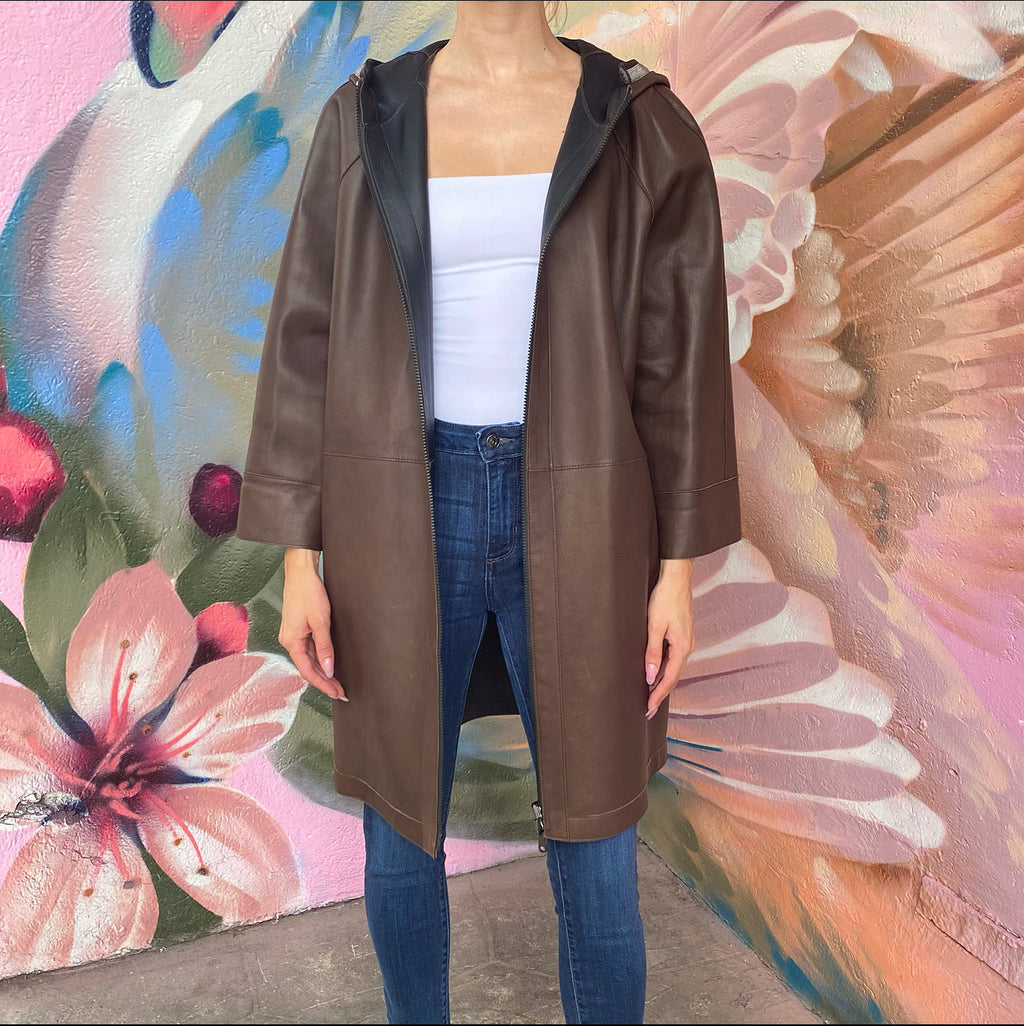Brunello Cucinelli Black and Brown Reversible Leather Zip Coat - IT46 / USA L