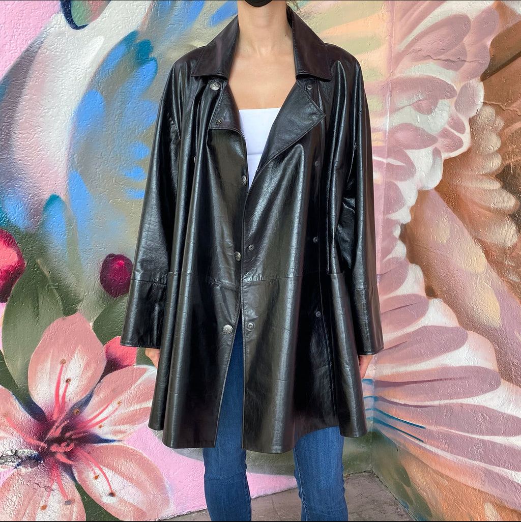 Chanel 14K Black Leather Flare Coat - FR38  (USA M)