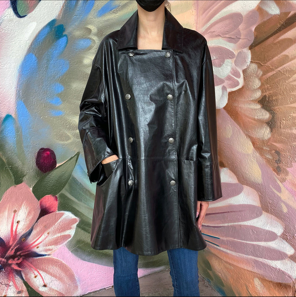 Chanel 14K Black Leather Flare Coat - FR38  (USA M)