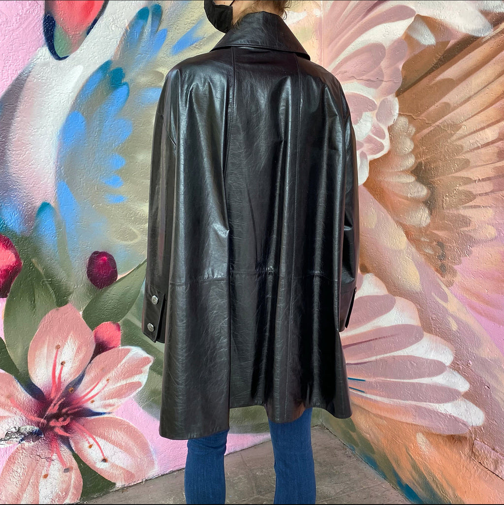 Chanel 14K Black Leather Flare Coat - FR38  (USA M)