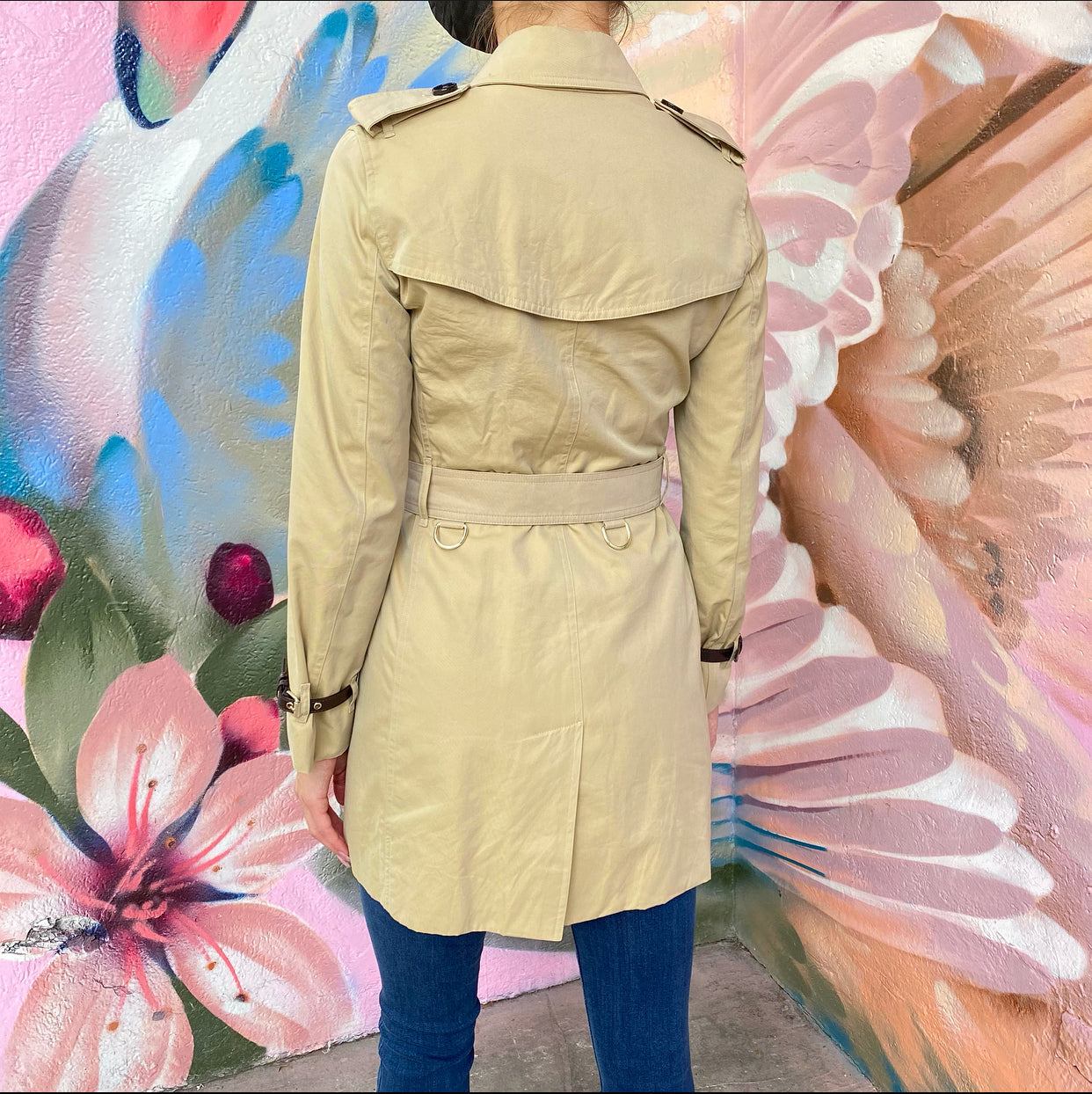 Burberry Short Trench Coat with Leather Detail at Cuffs - USA 2