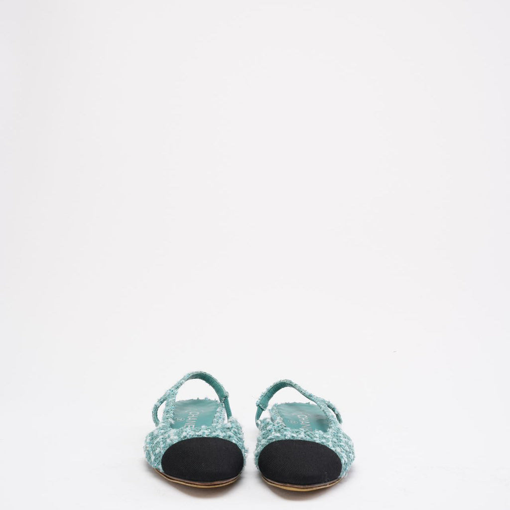 Chanel Turquoise/ Green Color Tweed Cap Toe CC Slingback 36.5C