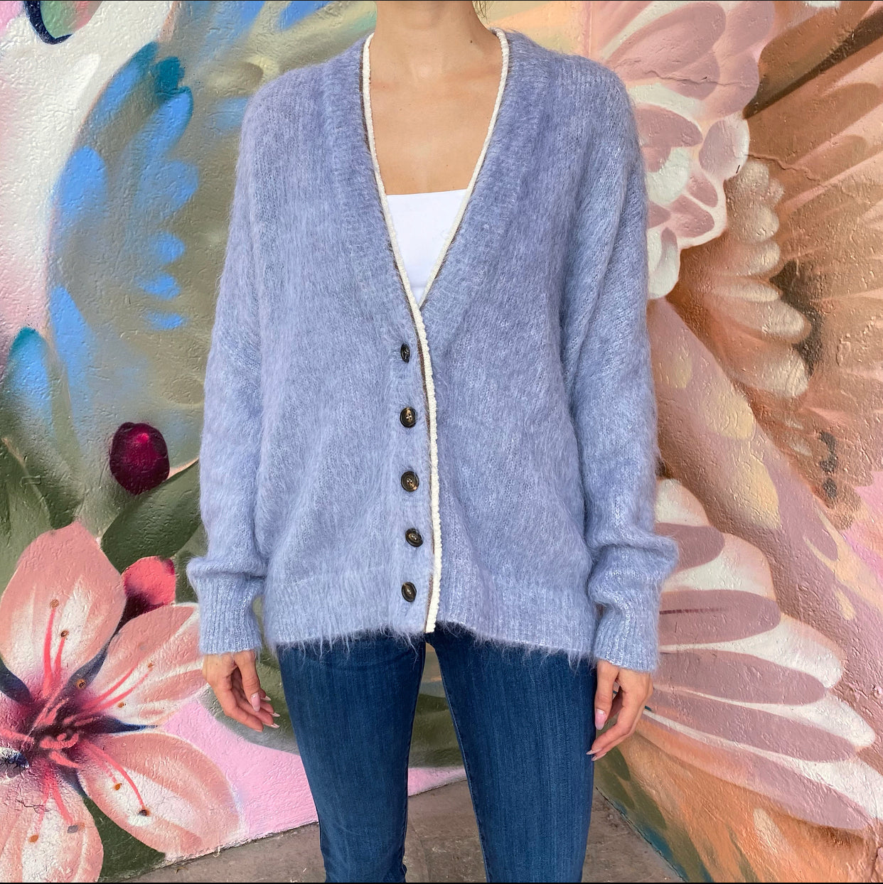 Brunello Cucinelli Pale Blue Monili Bead Mohair igan Sweater - M