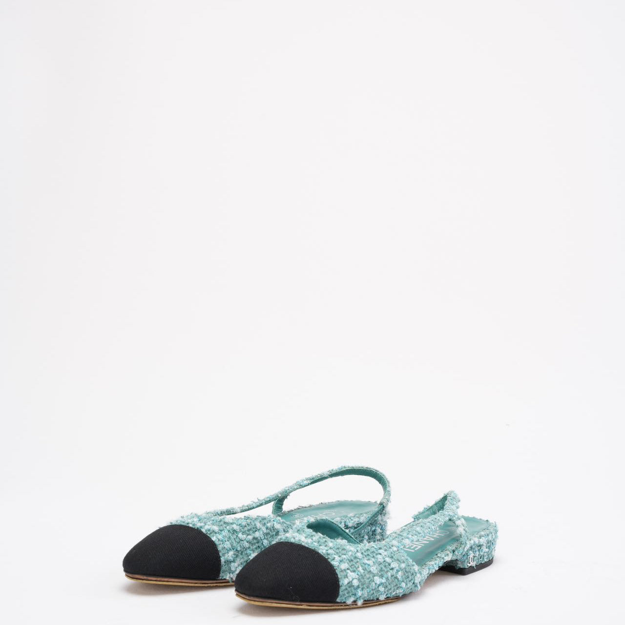 Chanel Turquoise/ Green Color Tweed Cap Toe CC Slingback 36.5C