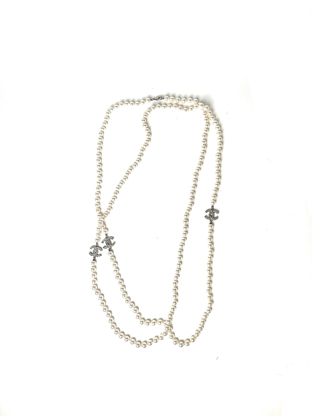 CHANEL CC Faux Pearl Rhinestone Beaded Station Long Double Necklace