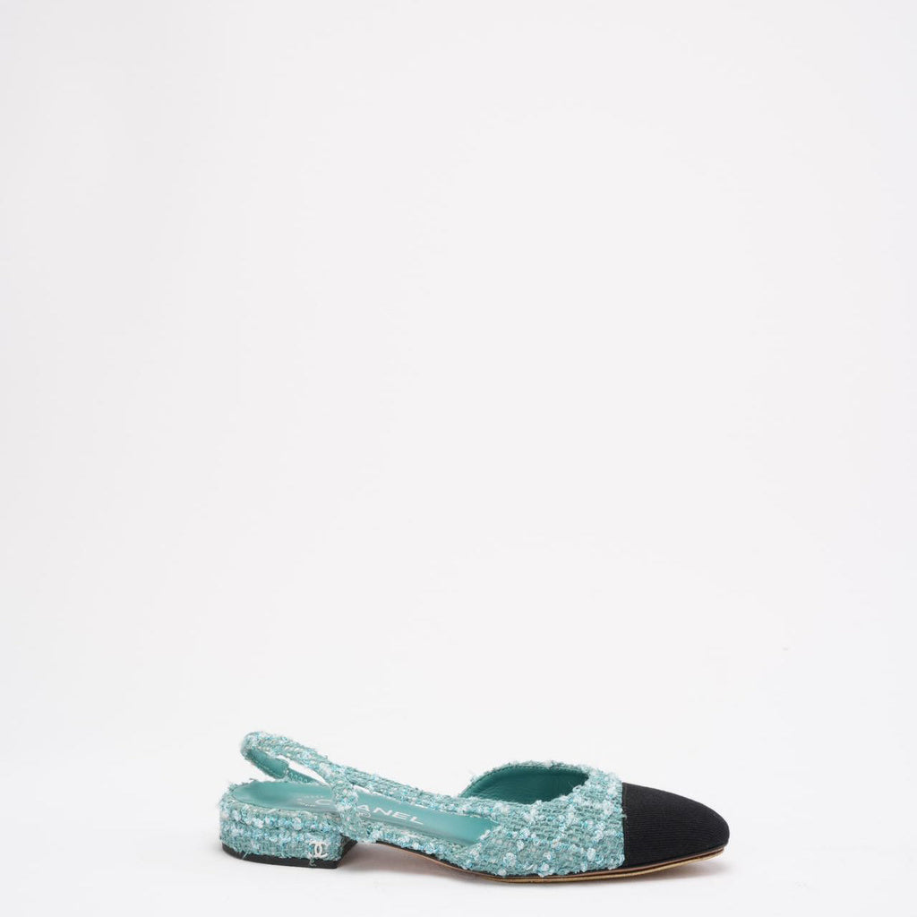 Chanel Turquoise/ Green Color Tweed Cap Toe CC Slingback 36.5C