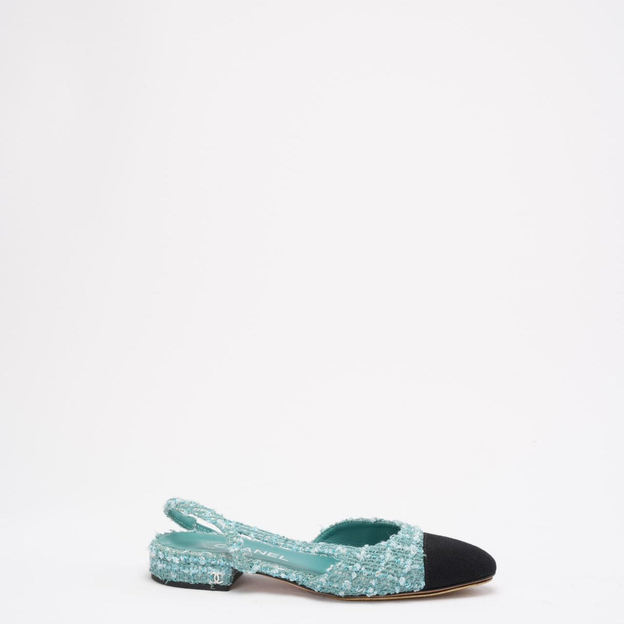 Chanel Turquoise/ Green Color Tweed Cap Toe CC Slingback 36.5C
