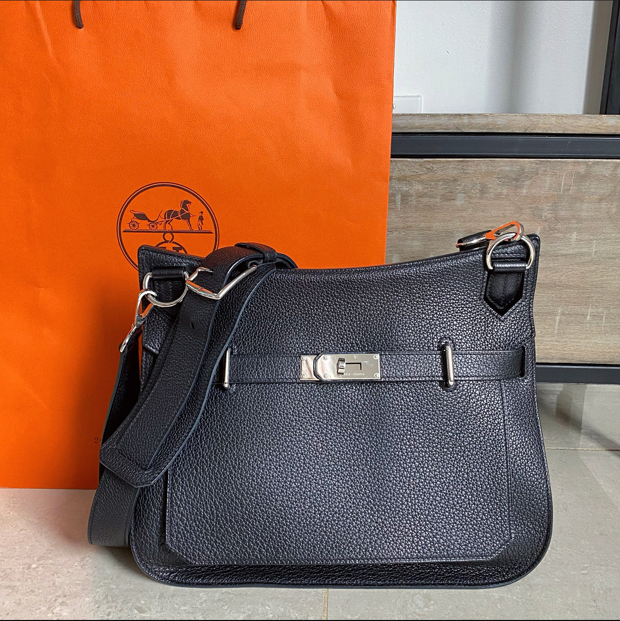 Hermes Jypsiere 34 Black PHW Clemence Shoulder Bag
