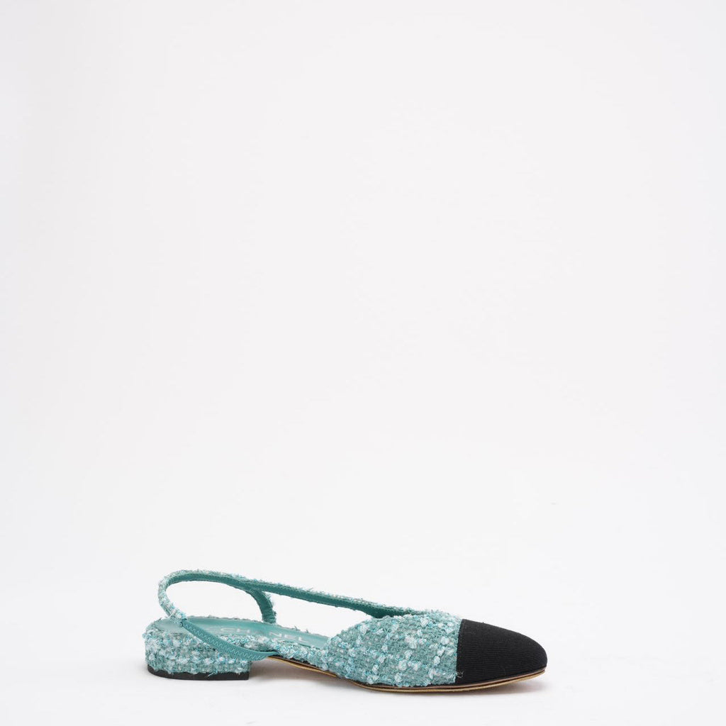 Chanel Turquoise/ Green Color Tweed Cap Toe CC Slingback 36.5C