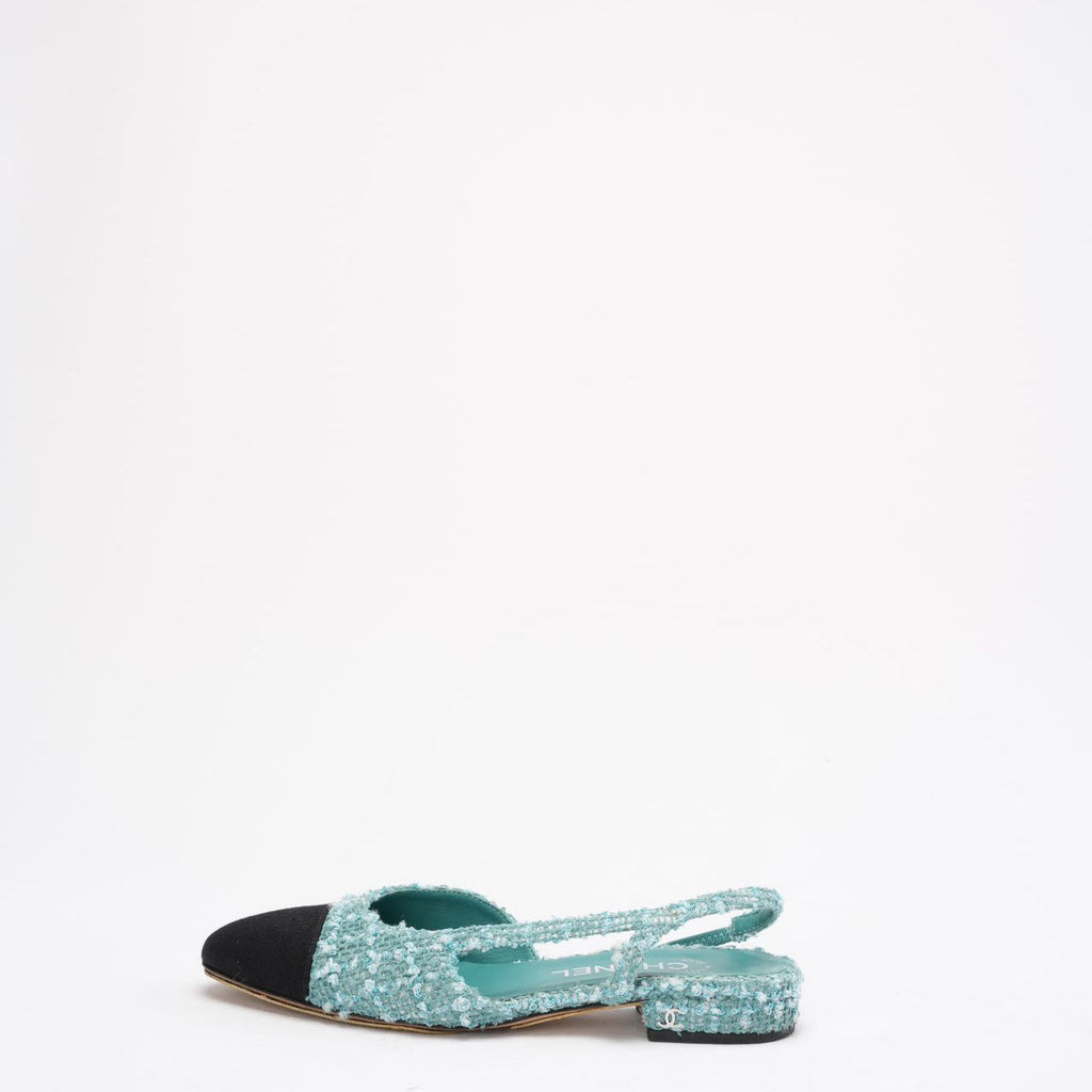 Chanel Turquoise/ Green Color Tweed Cap Toe CC Slingback 36.5C