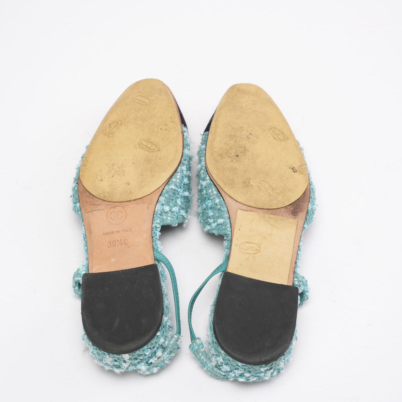 Chanel Turquoise/ Green Color Tweed Cap Toe CC Slingback 36.5C