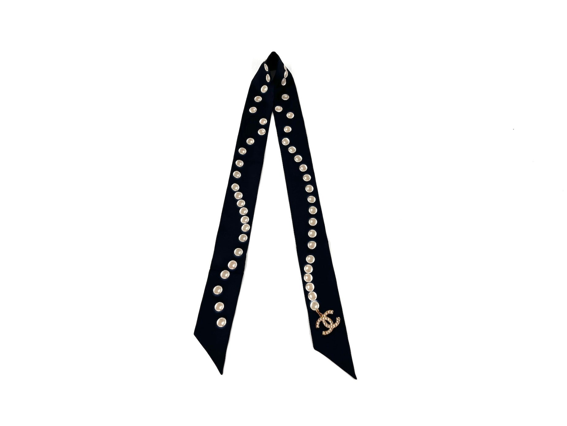 CHANEL Pearl Silk Pearl Print CC Logo Scarf