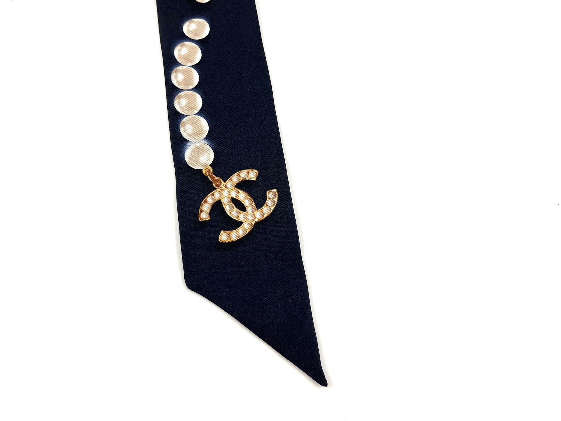 CHANEL Pearl Silk Pearl Print CC Logo Scarf