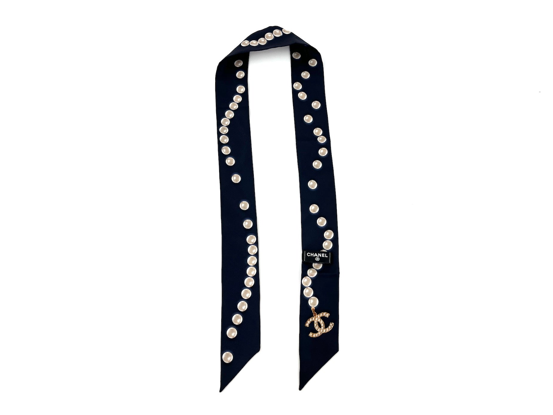 CHANEL Pearl Silk Pearl Print CC Logo Scarf