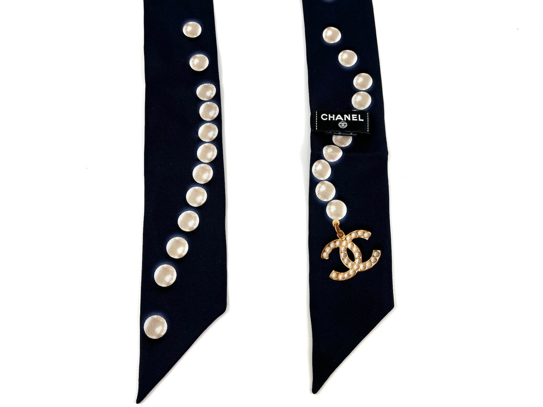 CHANEL Pearl Silk Pearl Print CC Logo Scarf
