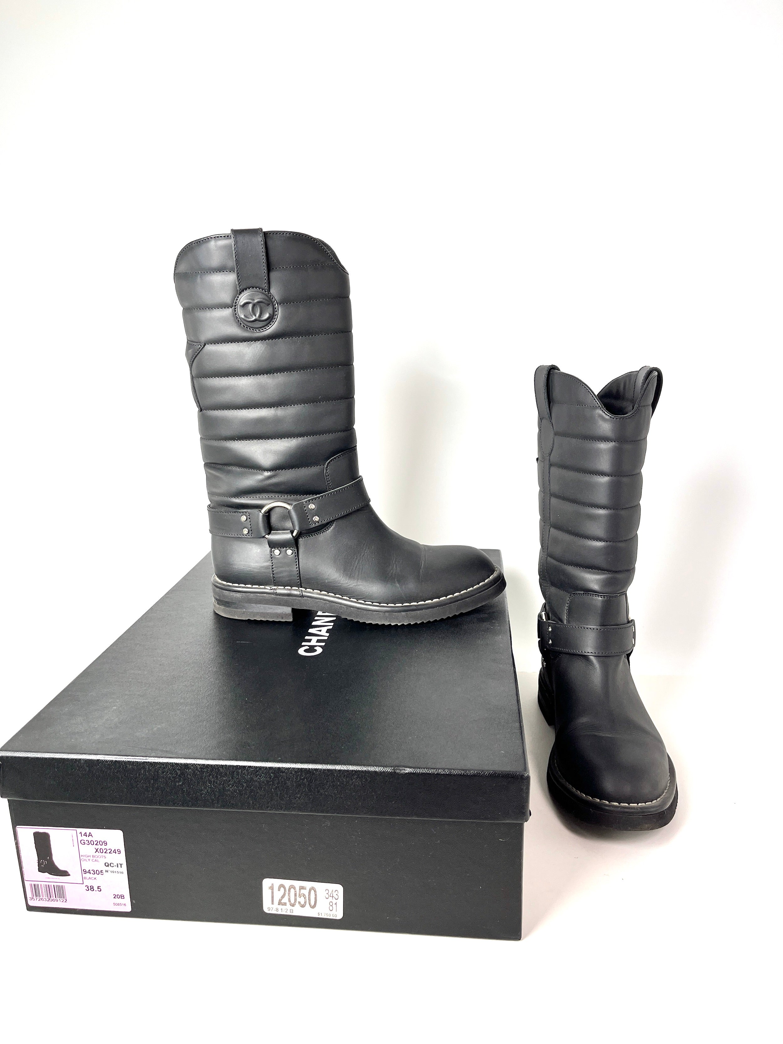 CHANEL Paris-Dallas CC Star Black Leather Moto Mid Calf Boots 38.5