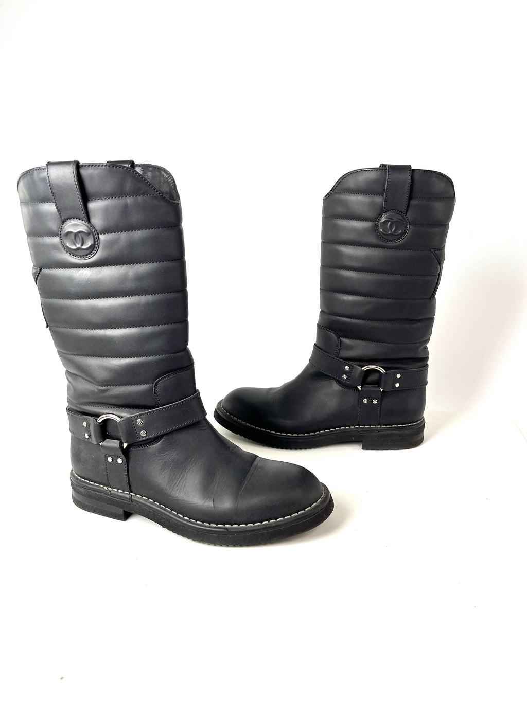 CHANEL Paris-Dallas CC Star Black Leather Moto Mid Calf Boots 38.5