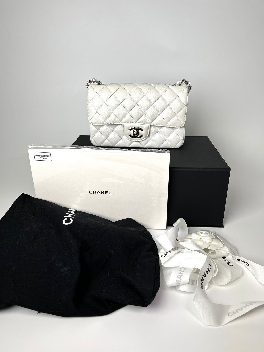 CHANEL White 2021 Rectangular Mini Crumpled Calfskin Classic Flap Bag