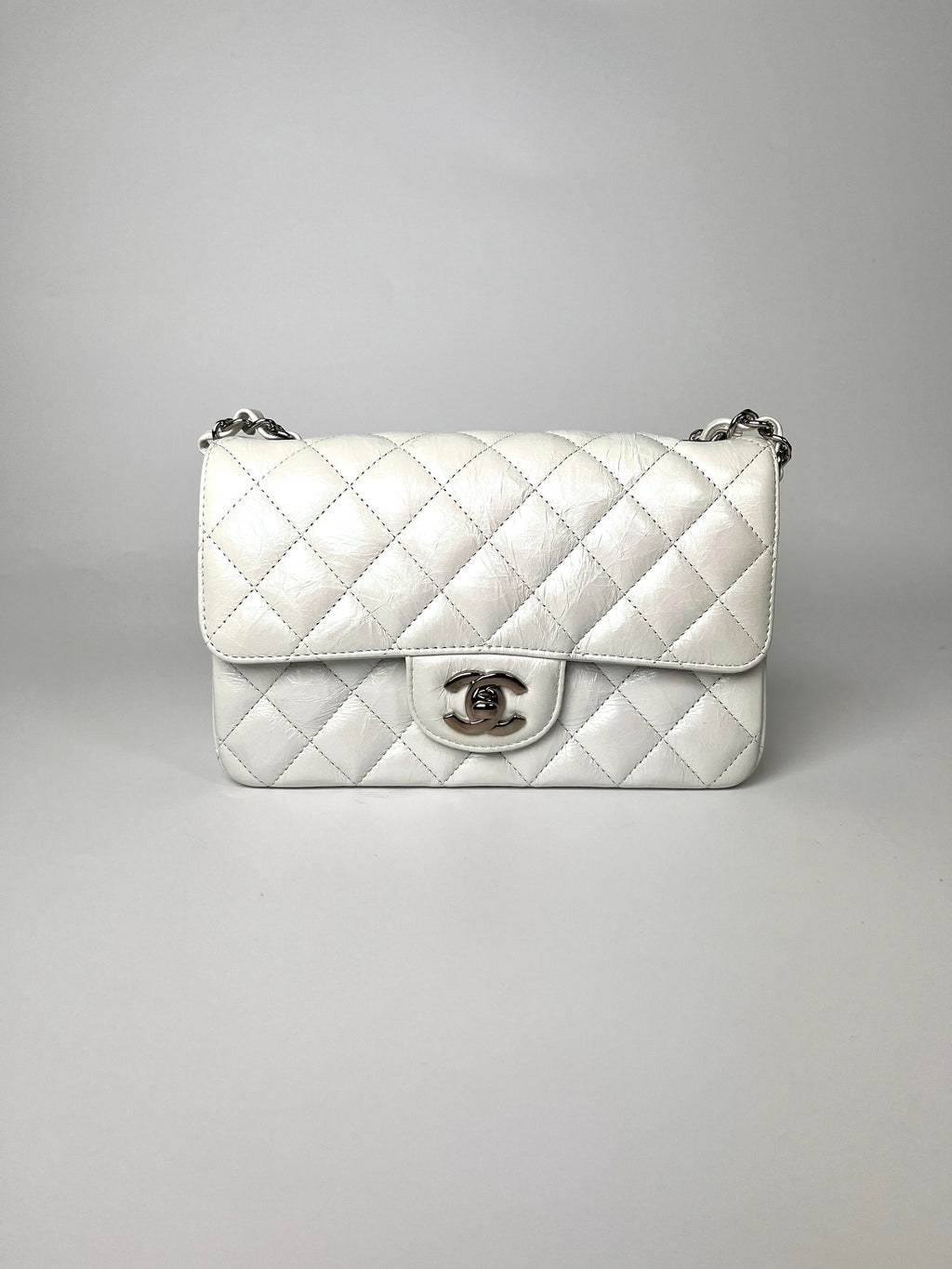 CHANEL White 2021 Rectangular Mini Crumpled Calfskin Classic Flap Bag