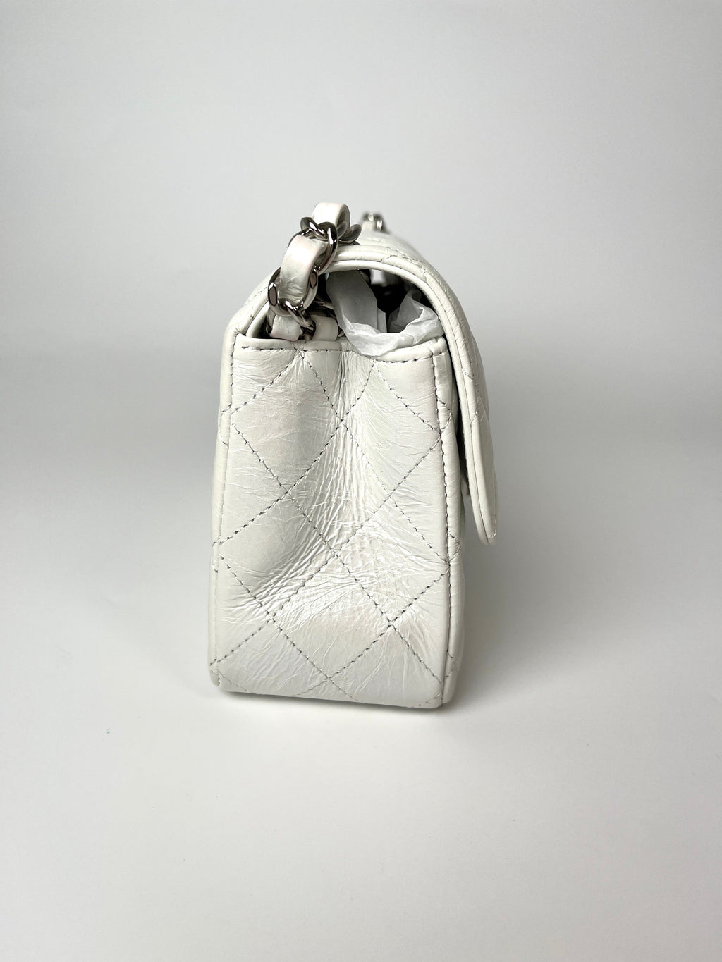 CHANEL White 2021 Rectangular Mini Crumpled Calfskin Classic Flap Bag