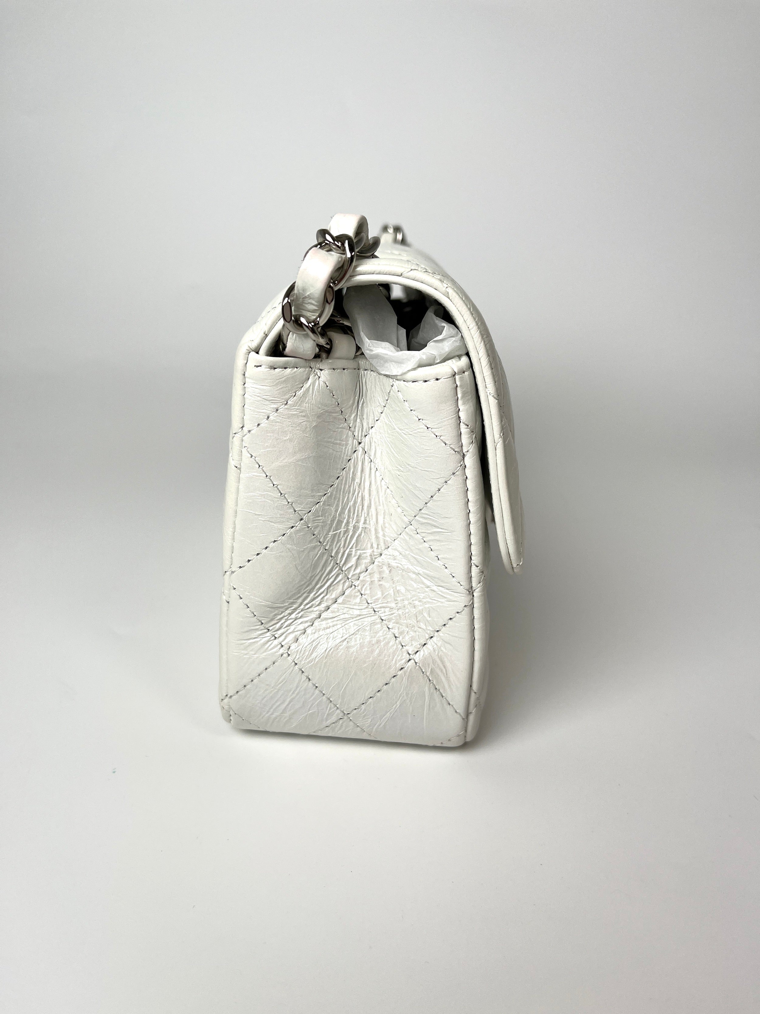 CHANEL White 2021 Rectangular Mini Crumpled Calfskin Classic Flap Bag