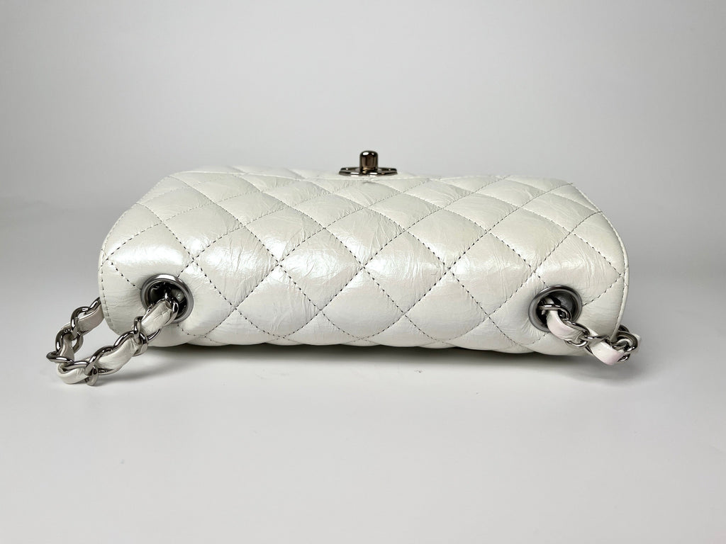 CHANEL White 2021 Rectangular Mini Crumpled Calfskin Classic Flap Bag