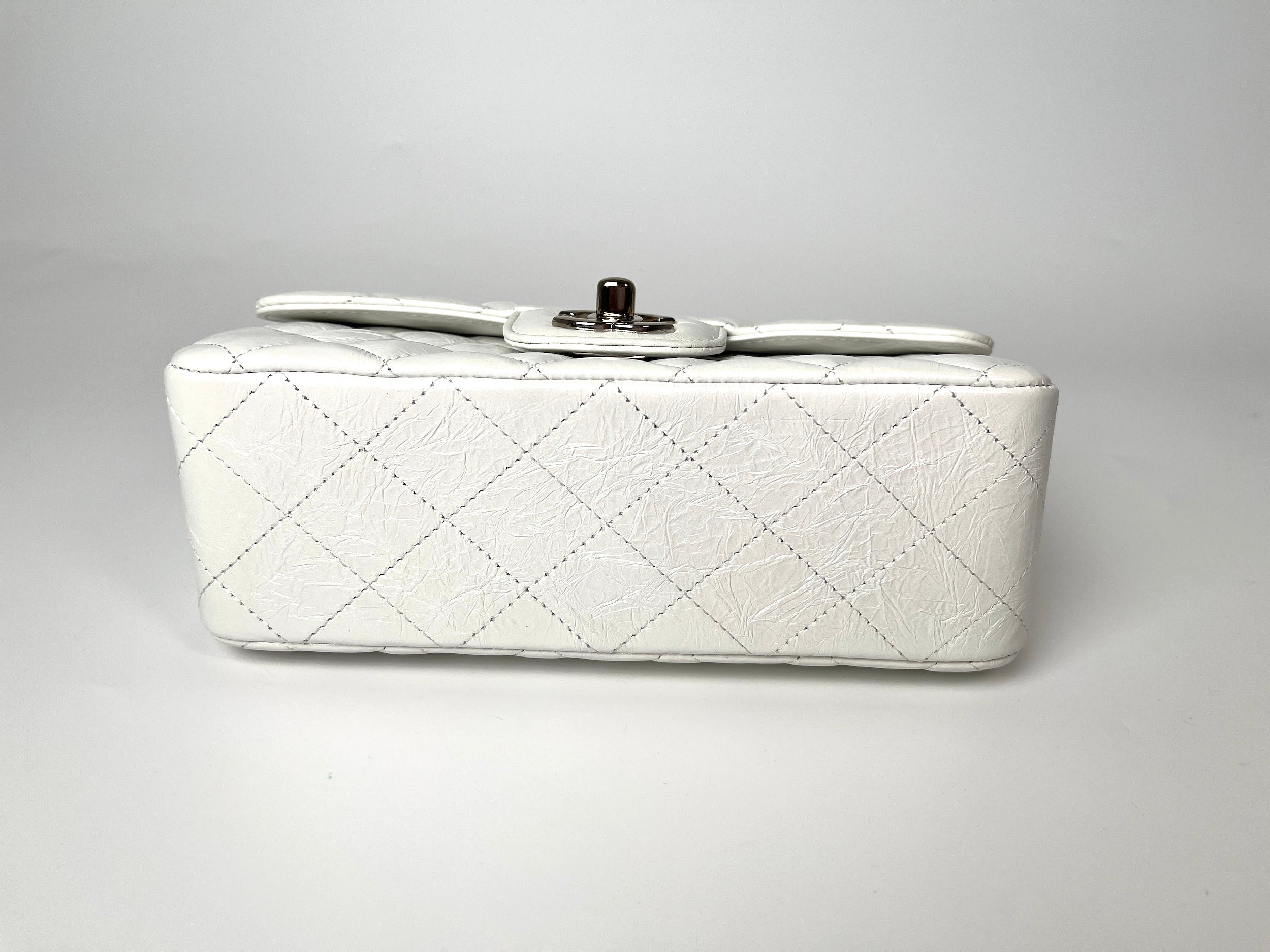 CHANEL White 2021 Rectangular Mini Crumpled Calfskin Classic Flap Bag