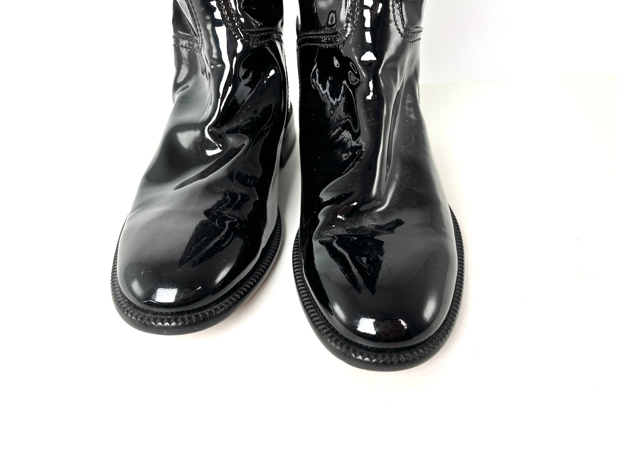 Vintage CHANEL CC Logo Patent Leather Black Long Flat Boots 37.5 7