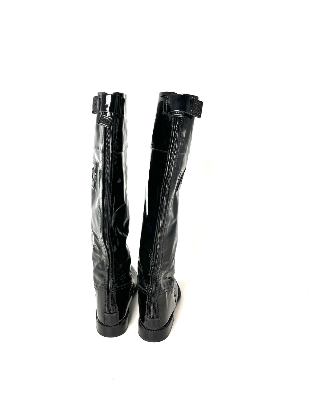 Vintage CHANEL CC Logo Patent Leather Black Long Flat Boots 37.5 7