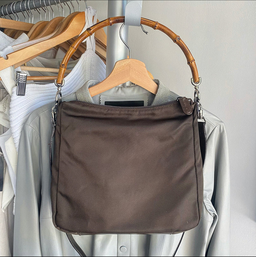 Gucci Brown Nylon Bamboo Handle Two-Way Bag