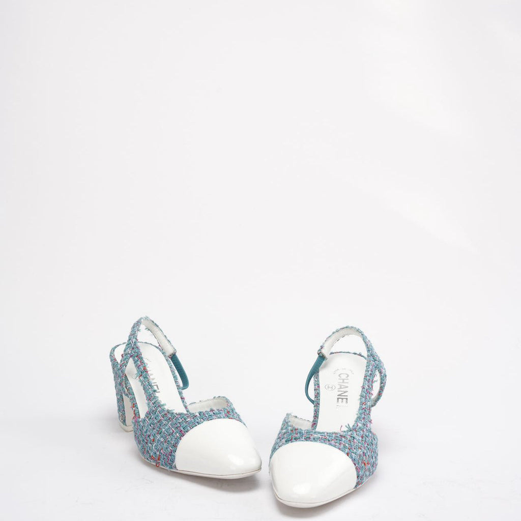 Chanel Tiffanyblau Tweed and Leather CC Pumps Size 38.5