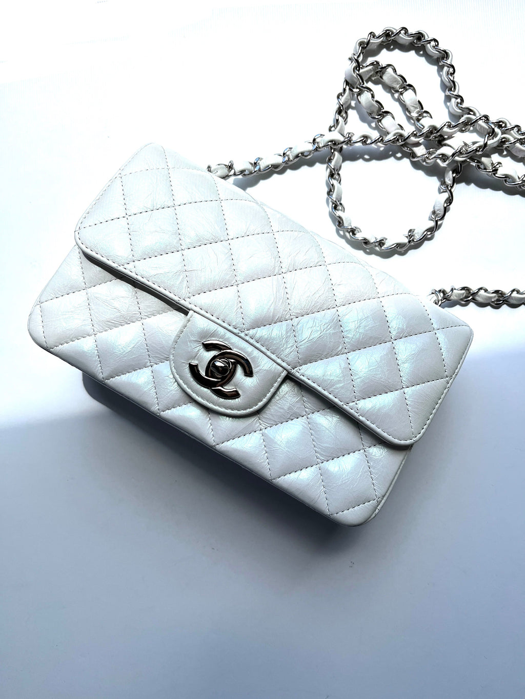 CHANEL White 2021 Rectangular Mini Crumpled Calfskin Classic Flap Bag