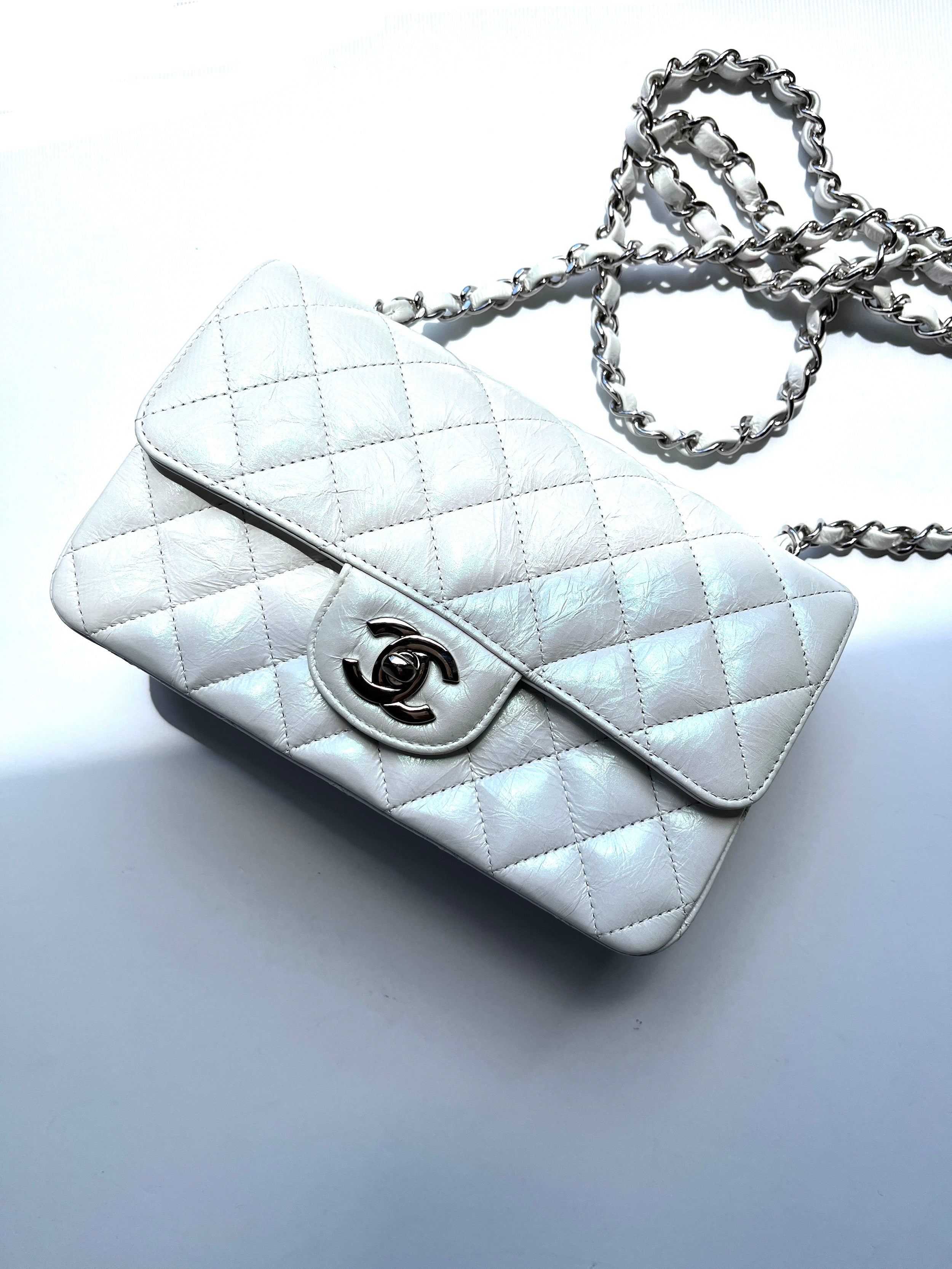 CHANEL White 2021 Rectangular Mini Crumpled Calfskin Classic Flap Bag