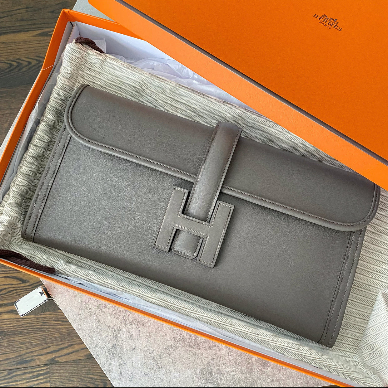 Hermes Jige Elan 29 in Swift Gris Etain Clutch Bag