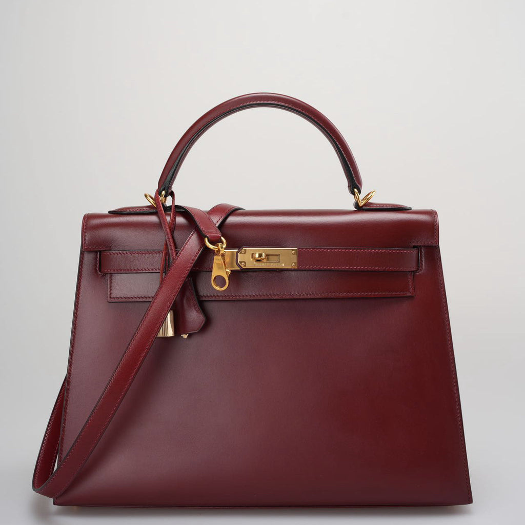 Hermes Kelly 32 Sellier Bag In Burgundy Box Leather With Gold Hardware from 2004