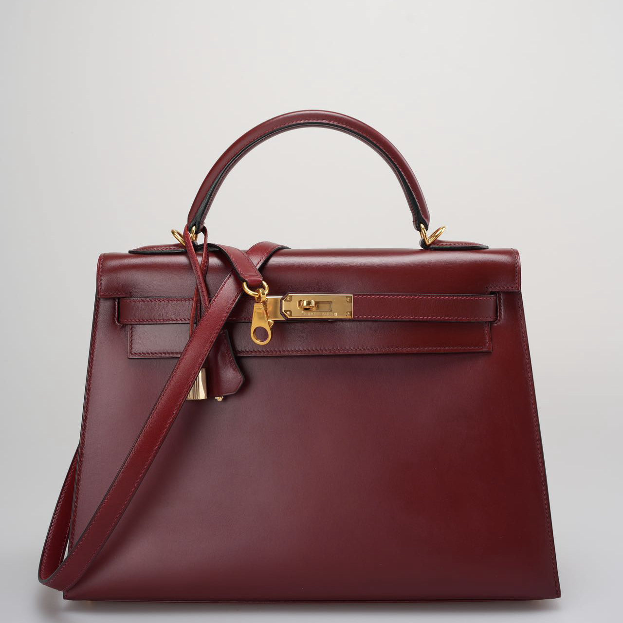 Hermes Kelly 32 Sellier Bag In Burgundy Box Leather With Gold Hardware from 2004