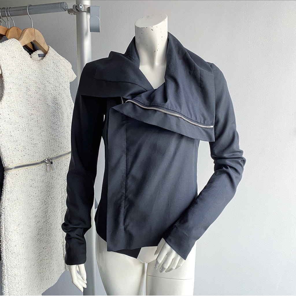 Rick Owens Black Zip Front Fitted Light Wool Jacket - 8