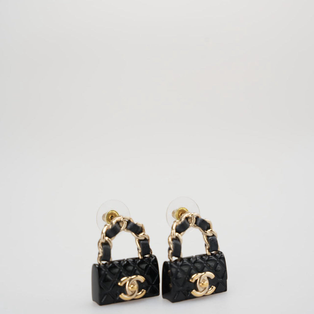 Chanel Resin Lambskin Turnlock Flap Bag Earrings in Black and Gold