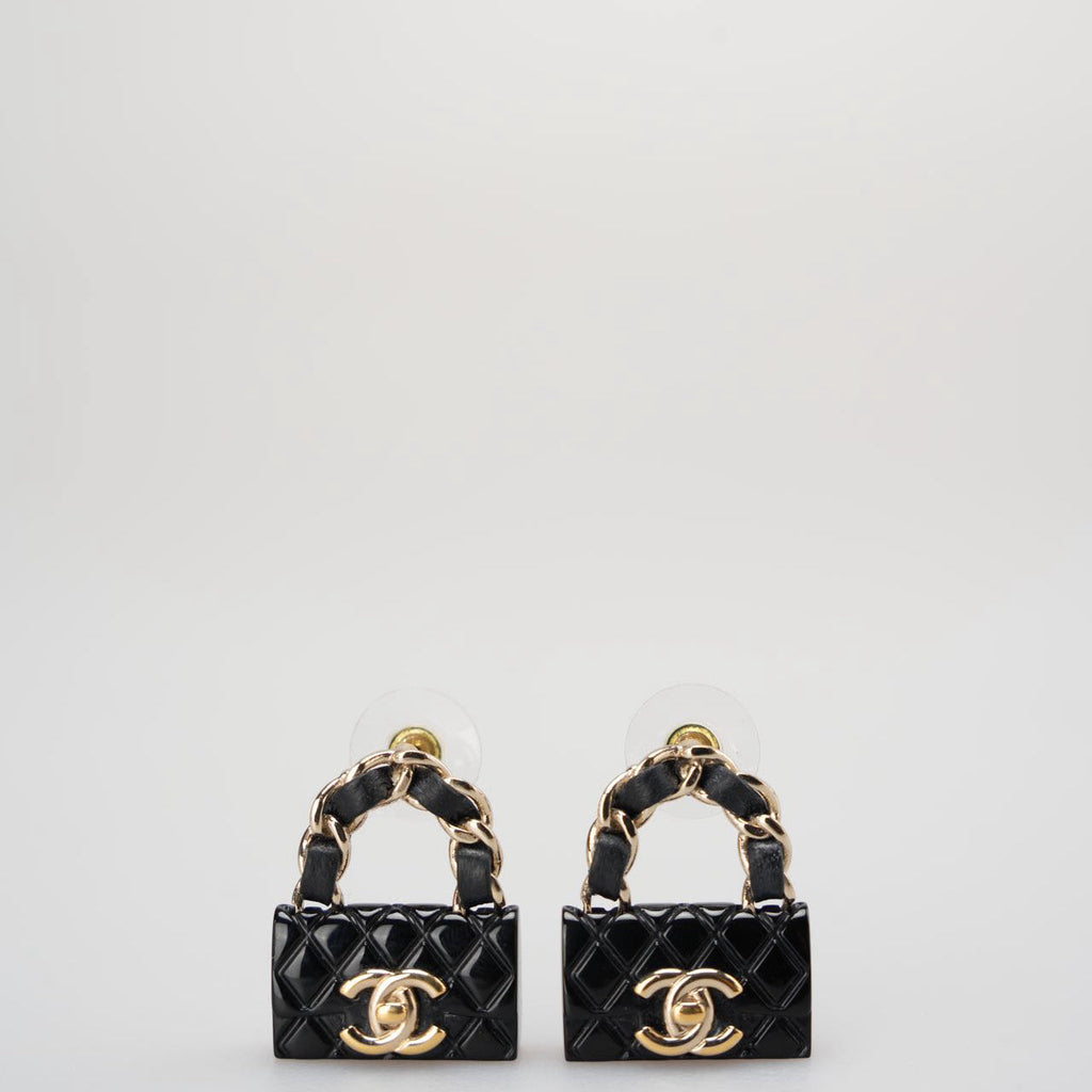 Chanel Resin Lambskin Turnlock Flap Bag Earrings in Black and Gold