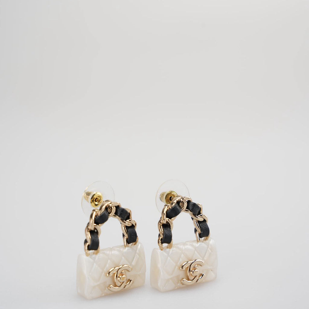 Chanel Resin Lambskin Turnlock Classic Flap Bag Earrings in White and Black