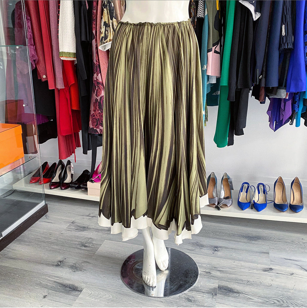 Prada Spring 2004 Tromphe L'Oeil Green Silk Midi Skirt - M