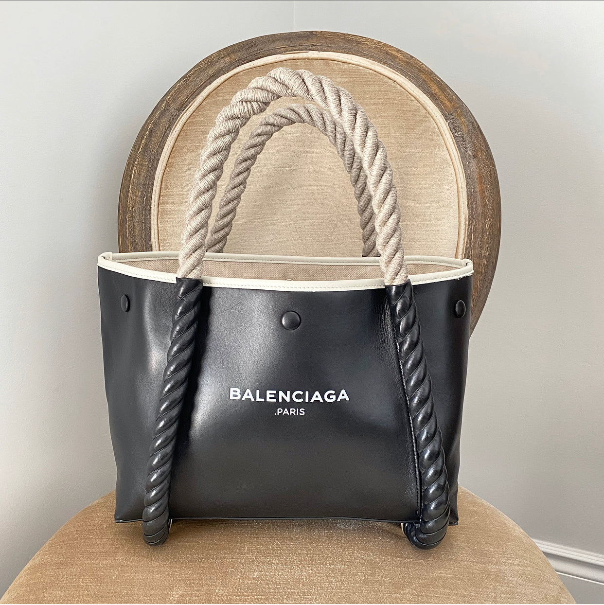 Balenciaga Black Leather Logo Cabas Cord Rope Bag