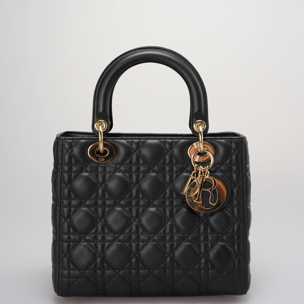 Dior Black Lady Dior Bag In Medium Size Cannage Lambskin Leather with GoId Hardware From 2016