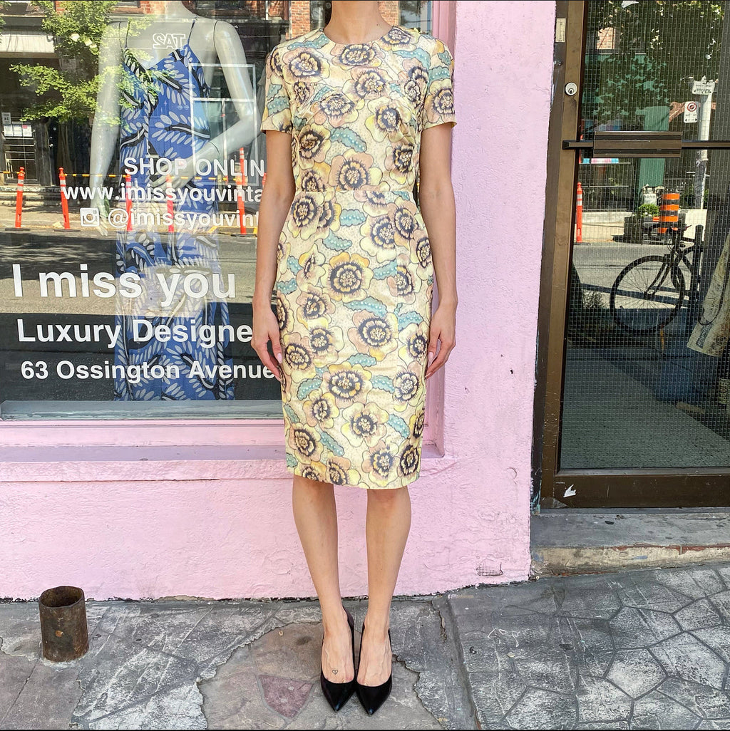 Rochas Yellow Floral Silk Short Sleeve Cocktail Dress - IT40 / USA 2/4