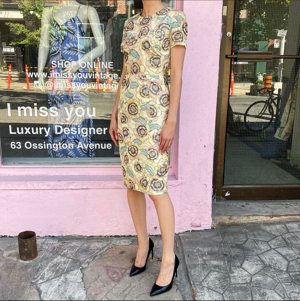 Rochas Yellow Floral Silk Short Sleeve Cocktail Dress - IT40 / USA 2/4